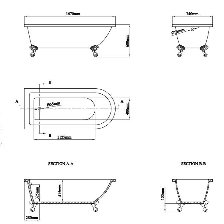 Freestanding Single Ended Bath with Bronze Feet 1670 x 740mm - Park Royal