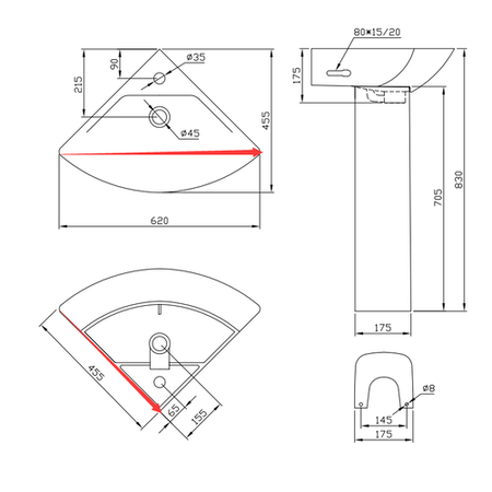 GRADE A1 - Corner Cloakroom Pedestal Basin 450mm - Austin