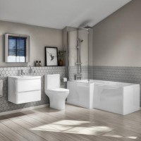 Grade A1 - L Shaped Bath Suite with 600mm Wall Hung Vanity Unit and Toilet - Portland