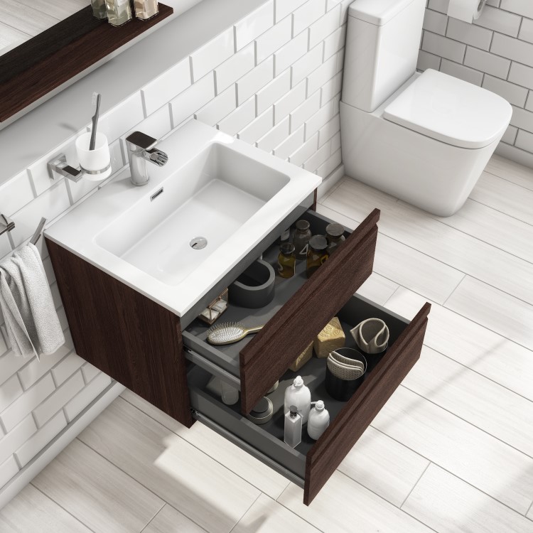 Grade A1 - 600mm Dark Wood Effect Wall Hung Vanity Unit with Basin - Boston