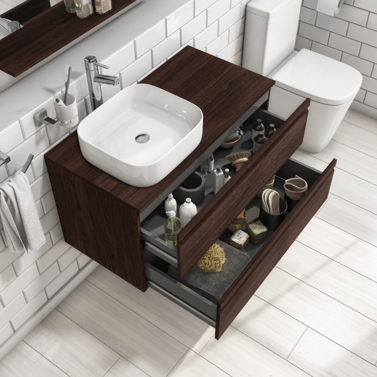 Grade A1 - 900mm Dark Wood Effect Wall Hung Countertop Vanity Unit with Basin - Boston