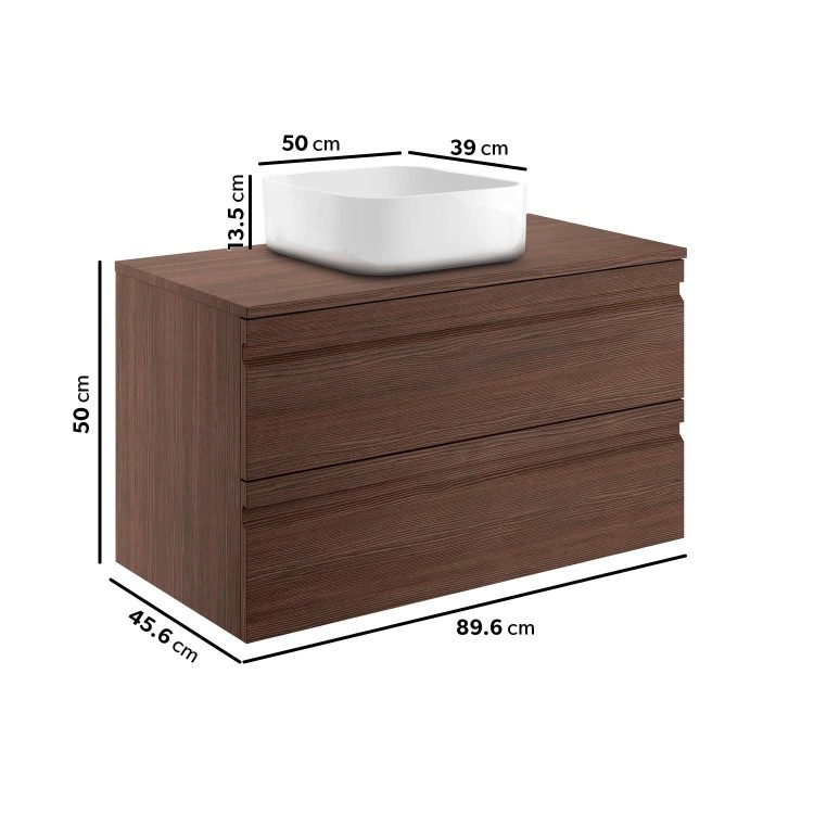 Grade A1 - 900mm Dark Wood Effect Wall Hung Countertop Vanity Unit with Basin - Boston