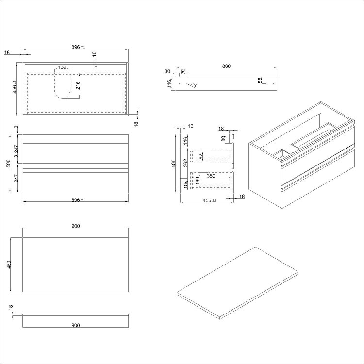 Grade A1 - 900mm Dark Wood Effect Wall Hung Countertop Vanity Unit with Basin - Boston