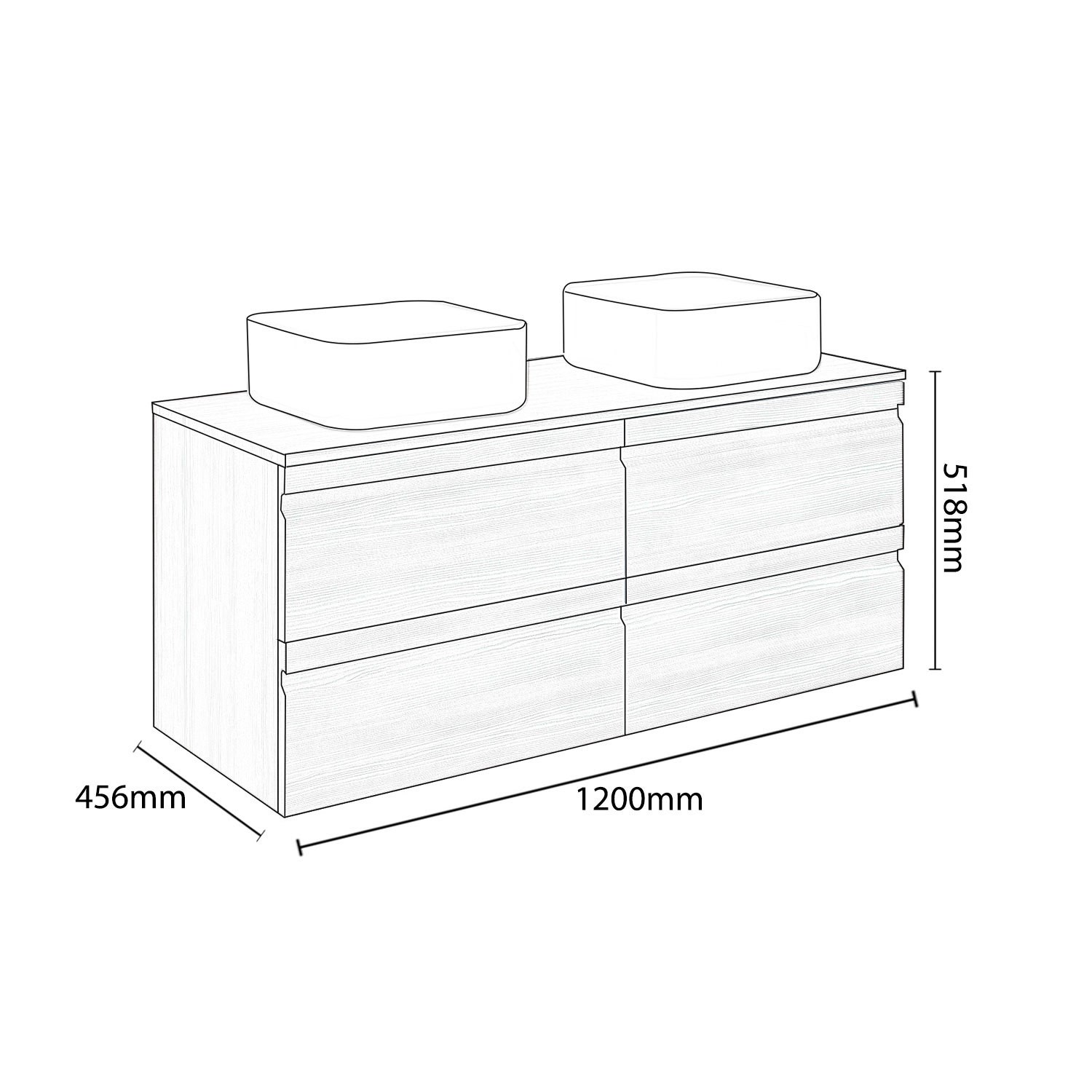 Grade A1 1200mm Light Wood Effect Wall Hung Countertop Double Vanity