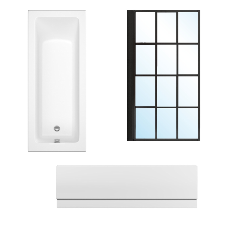 ONLY OPENED - Rutland Single Ended Square Bath with Front Panel & Black Grid Screen - Left Hand 1700 x 700