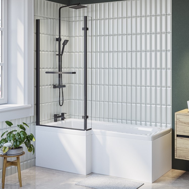 ONLY OPENED - L Shape Shower Bath Left Hand with Front Panel & Black Bath Screen with Towel Rail 1700 x 850mm - Lomax