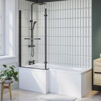 ONLY OPENED - L Shape Shower Bath Left Hand with Front Panel & Black Bath Screen with Towel Rail 1700 x 850mm - Lomax