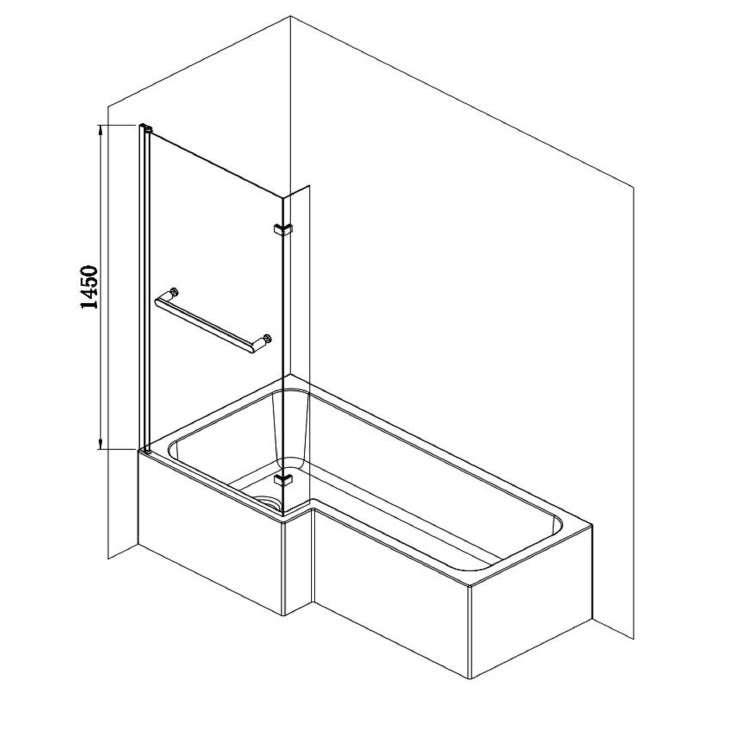 ONLY OPENED - L Shape Shower Bath Left Hand with Front Panel & Black Bath Screen with Towel Rail 1700 x 850mm - Lomax