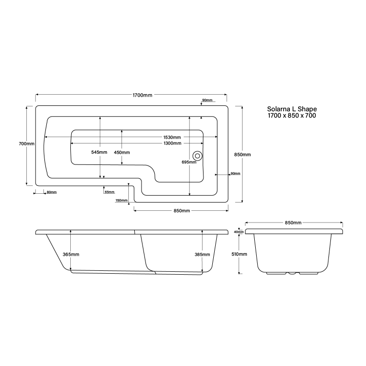 GRADE A1 - L Shape Shower Bath Right Hand 1700 x 850mm - Lomax