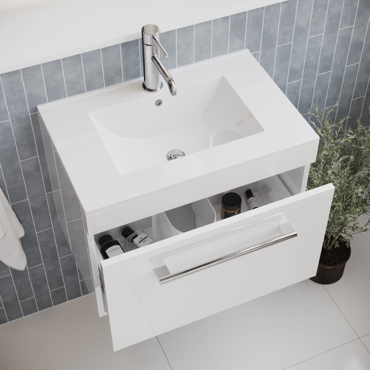 ALMOST PERFECT - 600 mm White Wall Hung Vanity Unit with Basin and Chrome Handles - Ashford