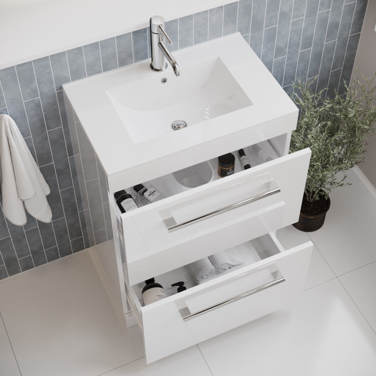 600mm White Freestanding Vanity Unit with Basin, Chrome Handles and Drawers - Ashford