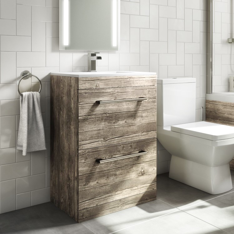 Grade A1 - 600mm Wood Effect Freestanding Vanity Unit with Basin and 2 Drawers - Ashford
