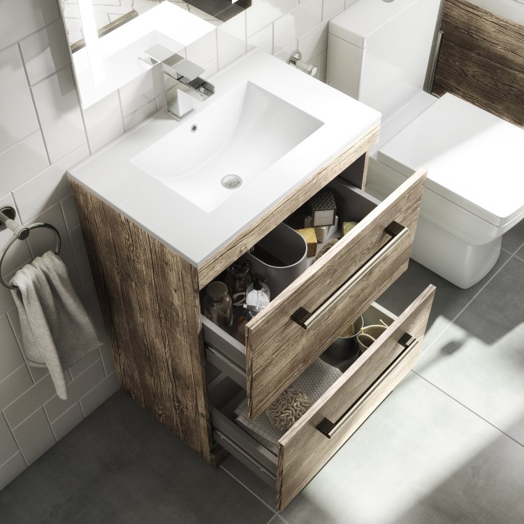 Grade A1 - 600mm Wood Effect Freestanding Vanity Unit with Basin and 2 Drawers - Ashford
