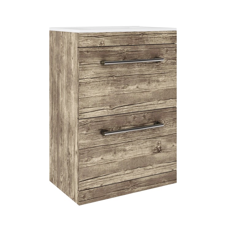 Grade A1 - 600mm Wood Effect Freestanding Vanity Unit with Basin and 2 Drawers - Ashford