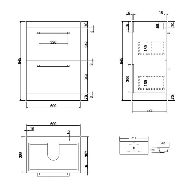 Grade A1 - 600mm Wood Effect Freestanding Vanity Unit with Basin and 2 Drawers - Ashford