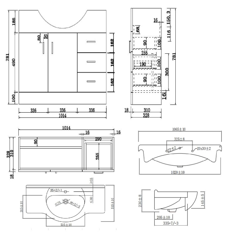 Grade A1 - 1075mm White Freestanding Vanity Unit with Basin - Classic