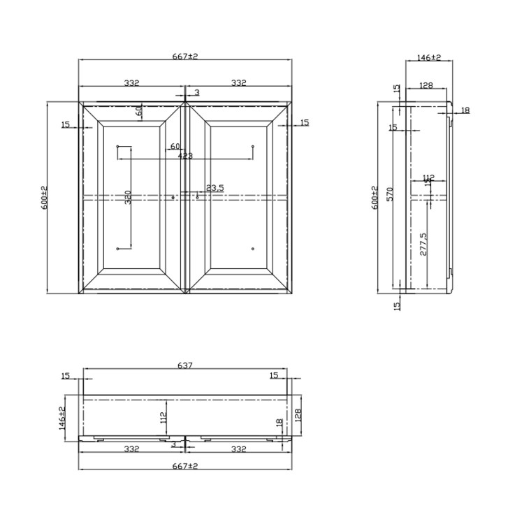 Double Door White Bathroom Mirror Cabinet  667 x 600mm - Westbury