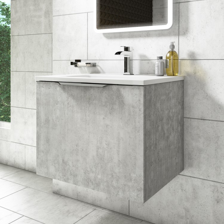 Grade A1 - 600mm Concrete Effect Wall Hung Vanity Unit with Gloss Basin - Sion 