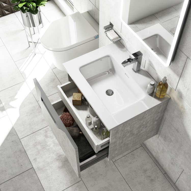 Grade A1 - 600mm Concrete Effect Wall Hung Vanity Unit with Gloss Basin - Sion 