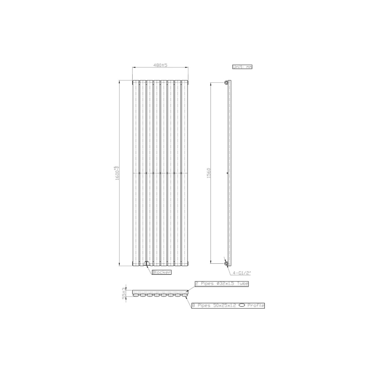 Anthracite Vertical Single Panel Radiator 1600 x 480mm - Margo