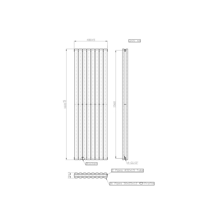 Anthracite Vertical Double Panel Radiator 1600 x 480mm - Margo