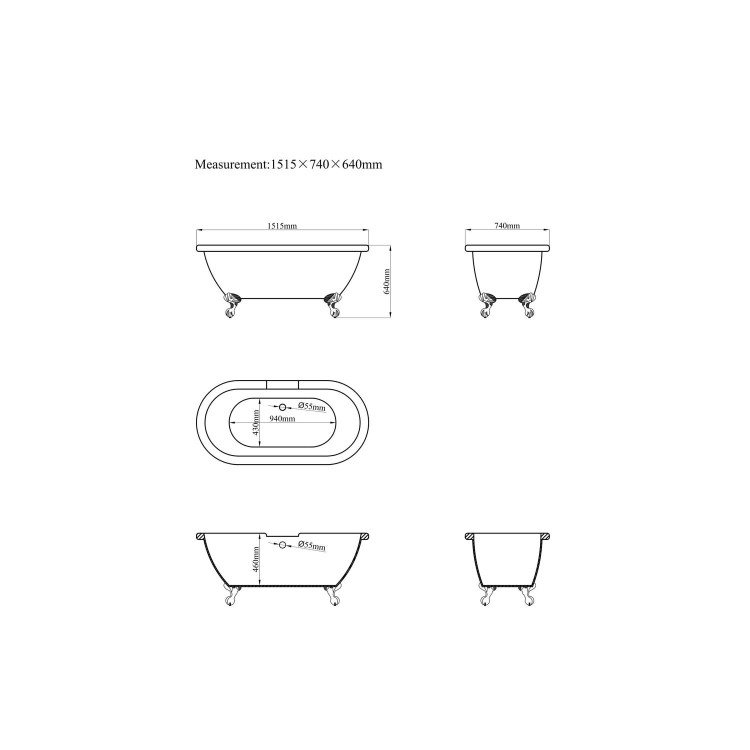 Freestanding Double Ended Roll Top Bath with White Feet 1515 x 740mm - Park Royal