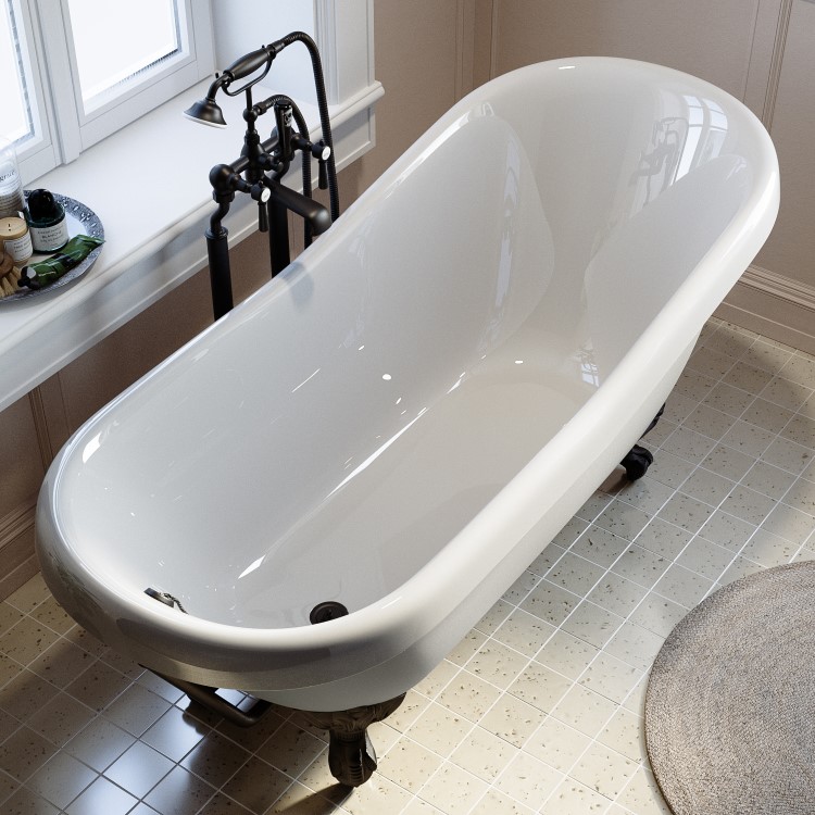 Freestanding Single Ended Roll Top Slipper Bath with Black Feet 1555 x 725mm - Park Royal