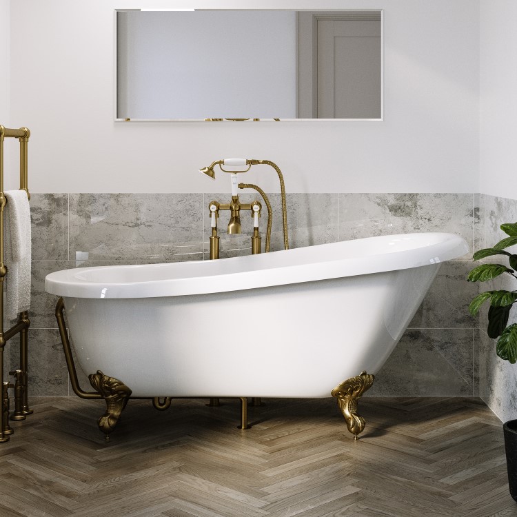Freestanding Single Ended Roll Top Slipper Bath with Brushed Brass Feet 1550 x 725mm - Park Royal