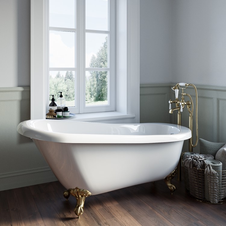 Freestanding Single Ended Roll Top Slipper Bath with Brushed Brass Feet 1550 x 725mm - Park Royal