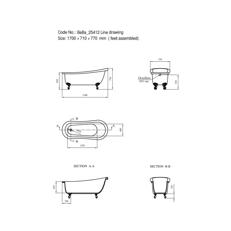 Freestanding Single Ended Roll Top Slipper Bath with Black Feet 1700 x 710mm - Park Royal