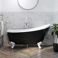 Black Freestanding Single Ended Roll Top Slipper Bath with White Feet 1625 x 695mm - Lunar