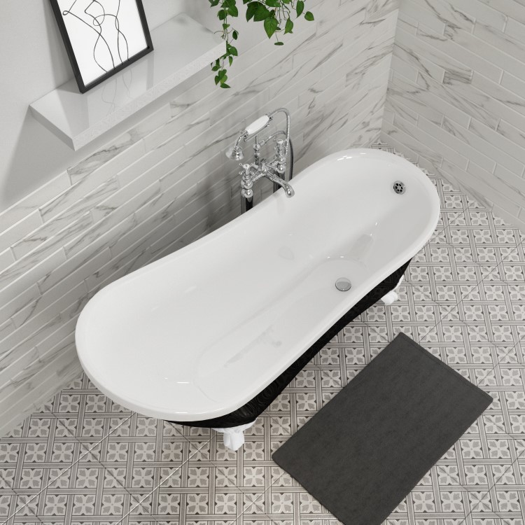 Black Freestanding Single Ended Roll Top Slipper Bath with White Feet 1625 x 695mm - Lunar