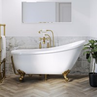 Freestanding Single Ended Roll Top Slipper Bath with Brushed Brass Feet 1625 x 695mm - Lunar Freestanding Single Ended Roll Top Slipper Bath with Brushed Brass Feet 1625 x 695mm - Lunar