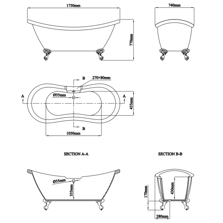 Freestanding Double Ended Roll Top Bath with Chrome Feet 1750 x 740mm - Park Royal