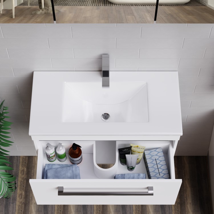 Grade A1 - 800mm White Wall Hung Vanity Unit with Basin and Chrome Handles - Ashford