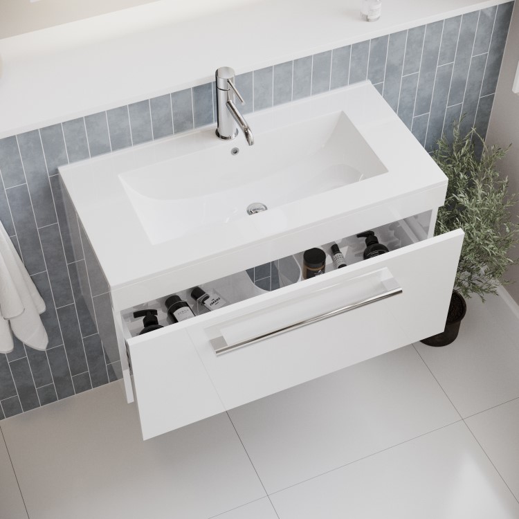 Grade A1 - 800mm White Wall Hung Vanity Unit with Basin and Chrome Handles - Ashford