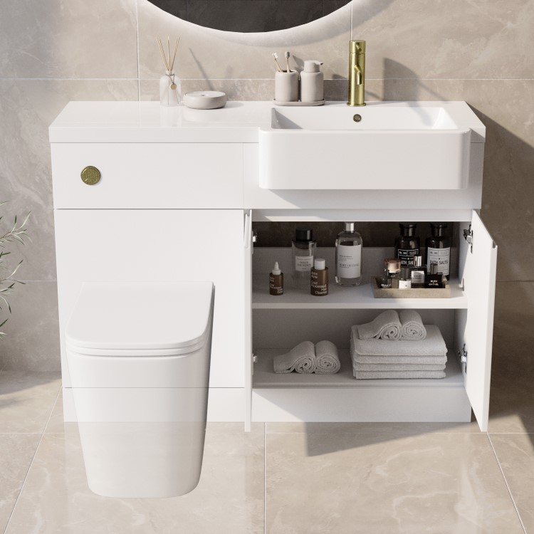 1100mm White Right Hand Toilet and Sink Unit with Brass Fittings - Unit & Basin Only - Bali