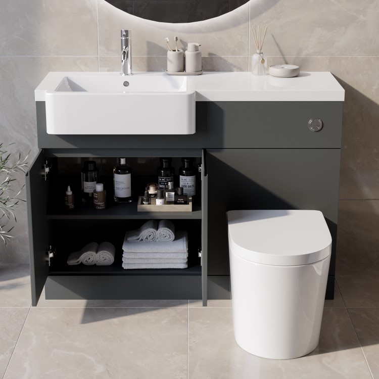 Grade A1 - 1100mm Grey Toilet and Sink Unit Left Hand with Round Toilet - Bali