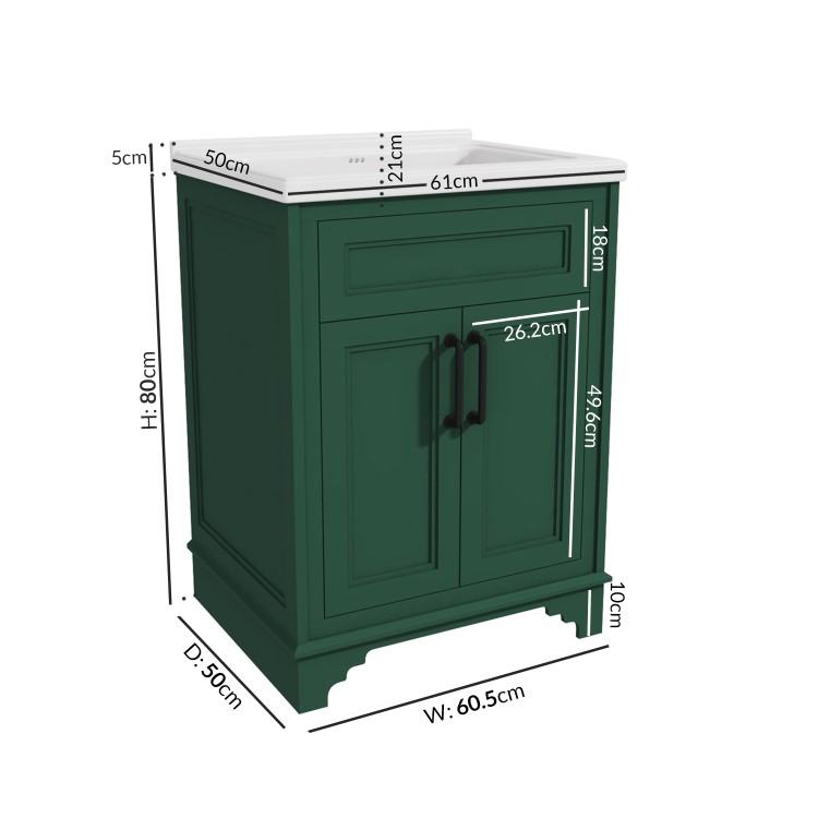 Grade A1 - 600mm Green Freestanding Vanity Unit with Basin - Camden