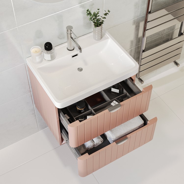 Grade A1 - 600mm Pink Wall Hung Vanity Unit with Basin and Chrome Handles - Empire