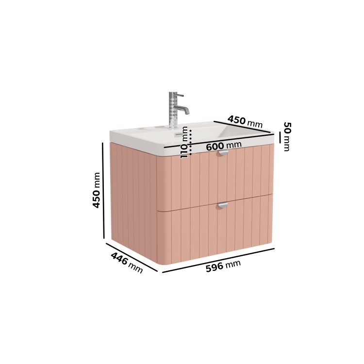 Grade A1 - 600mm Pink Wall Hung Vanity Unit with Basin and Chrome Handles - Empire