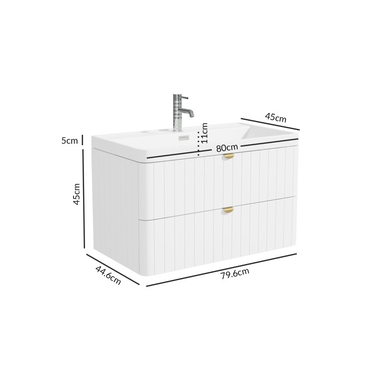 Grade A1 - 800mm White Wall Hung Vanity Unit with Basin and Brass Handles - Empire