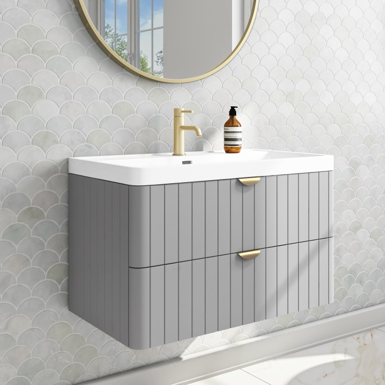 800mm Grey Wall Hung Vanity Unit with Basin and Brass Handles - Empire