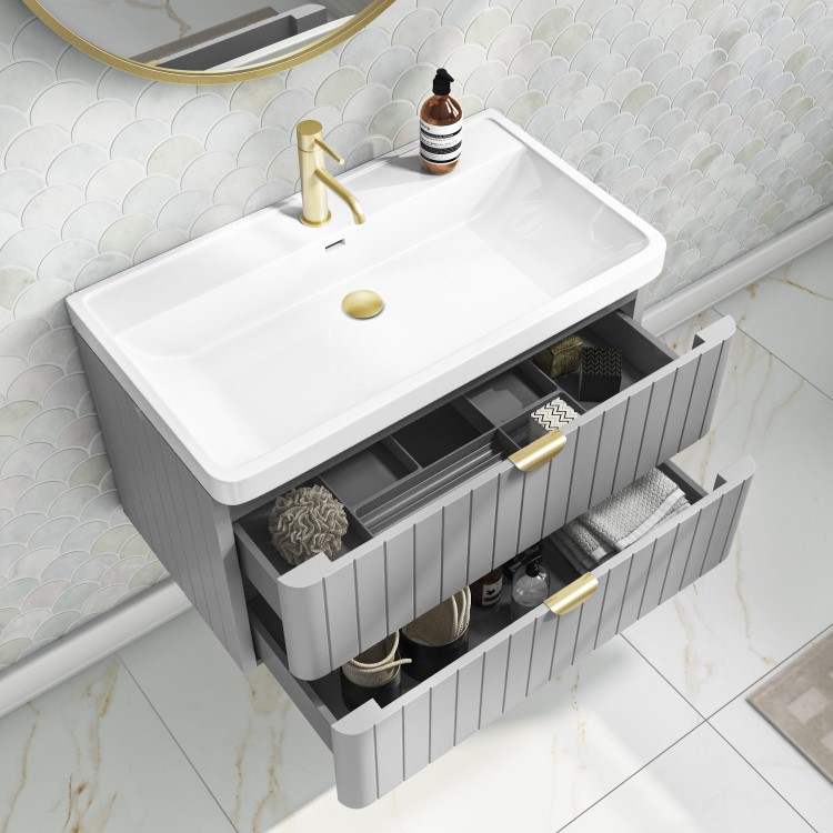 800mm Grey Wall Hung Vanity Unit with Basin and Brass Handles - Empire