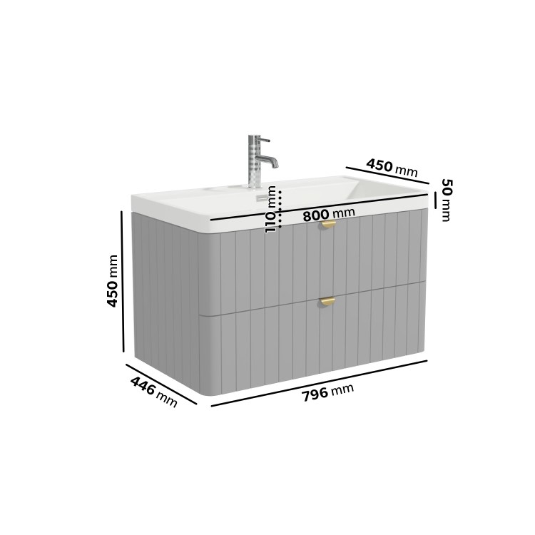 800mm Grey Wall Hung Vanity Unit with Basin and Brass Handles - Empire