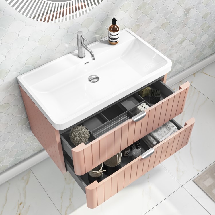 Grade A1 - 800mm Pink Wall Hung Vanity Unit with Basin and Chrome Handles - Empire