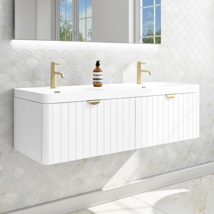 Grade A1 - 1200mm White Wall Hung Double Vanity Unit with Basin and Brass Handles - Empire