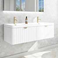 Grade A1 - 1200mm White Wall Hung Double Vanity Unit with Basin and Brass Handles - Empire