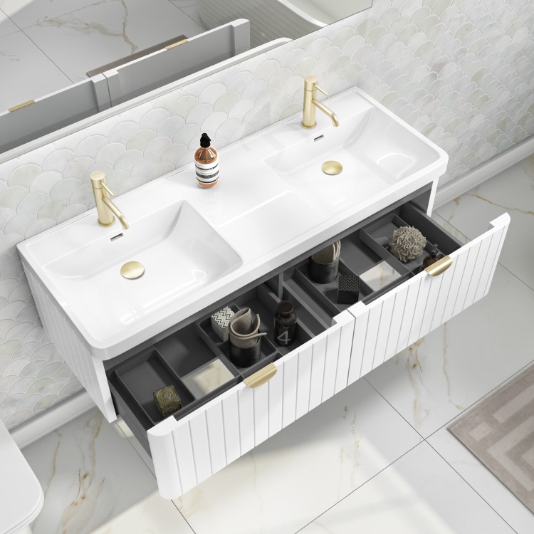 Grade A1 - 1200mm White Wall Hung Double Vanity Unit with Basin and Brass Handles - Empire