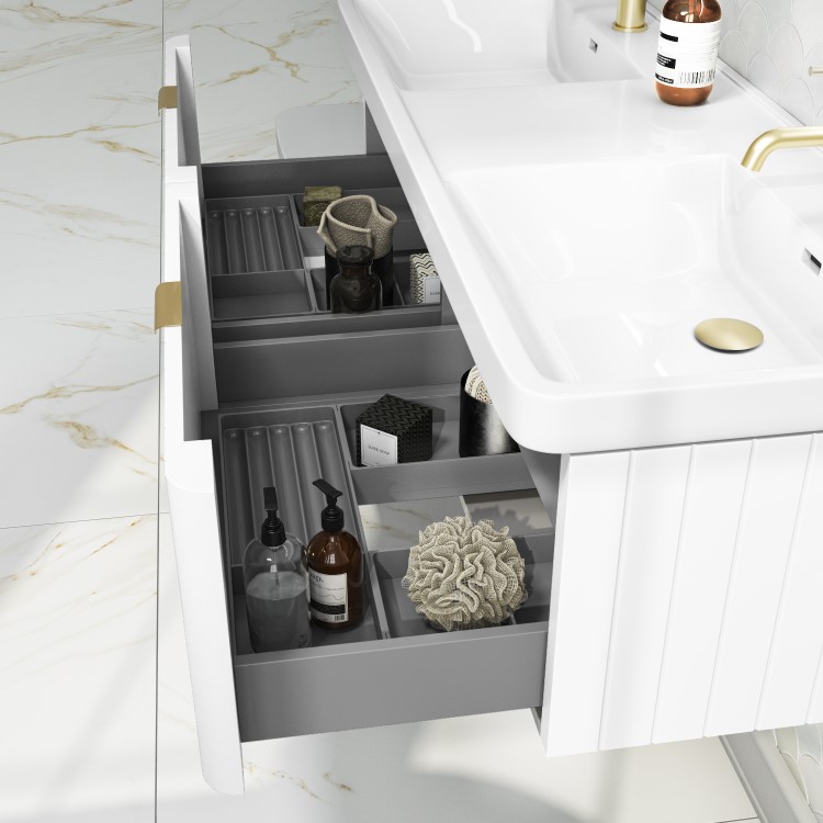 Grade A1 - 1200mm White Wall Hung Double Vanity Unit with Basin and Brass Handles - Empire